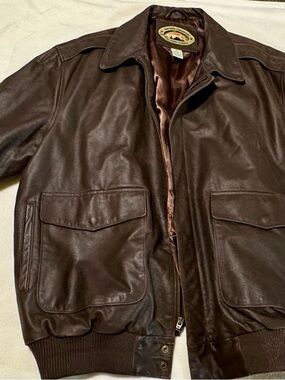 Men's Dark Brown Leather Bomber Jacket with Front Flap Pockets